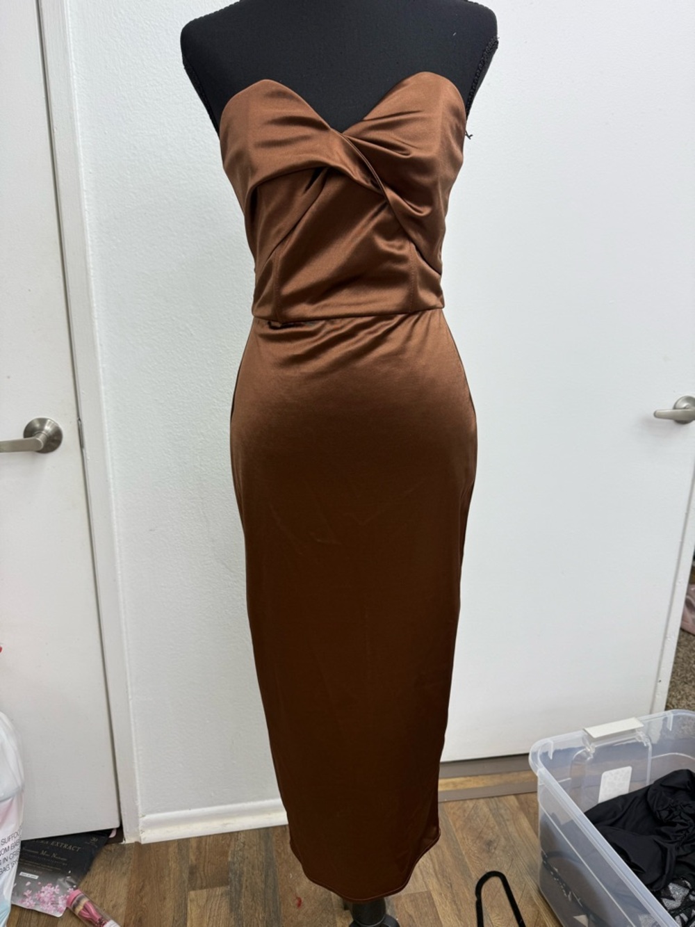 Brown Strapless Midi Dress - Classic Elegance